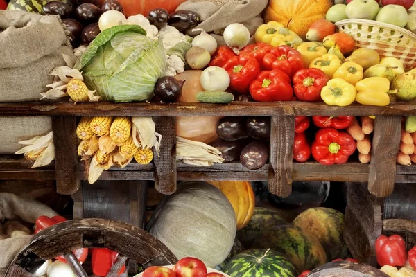 Chariot en bois avec récolte de légumes — Photo