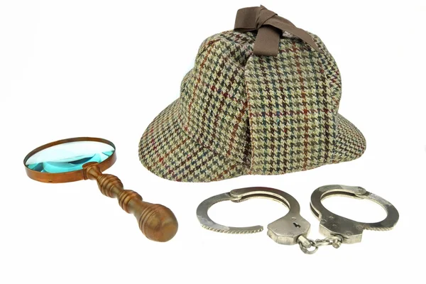 Detective Hat, Retro Magnifier and Real Handcuffs — Zdjęcie stockowe