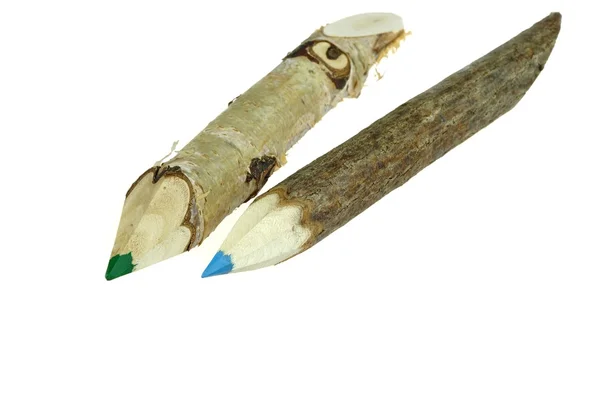 Two Color Big Pencil Made From Natural Wood Twig — Stock Photo, Image