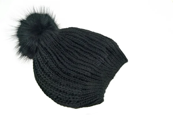 Sombrero de esquí de invierno de lana de punto negro con Pom Pom — Foto de Stock