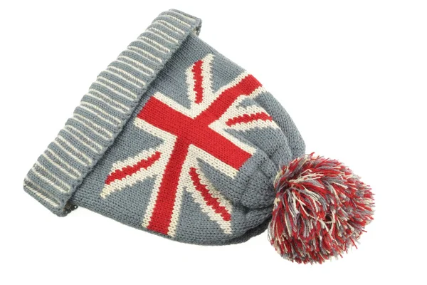Sombrero de lana de punto con bandera Union Jack aislada en blanco —  Fotos de Stock