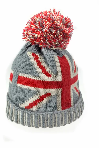 Sombrero de lana de punto con bandera Union Jack aislada en blanco — Foto de Stock