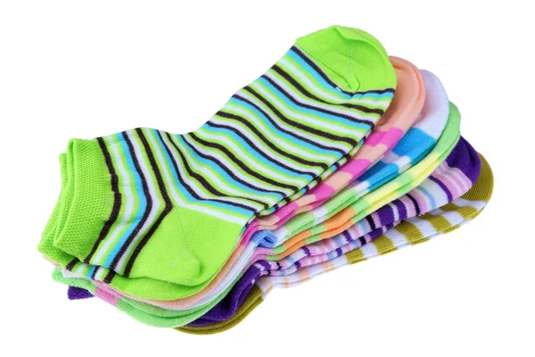 Stack Of Many Pairs Colorful Striped Socks Isolated On White — Stock Photo, Image