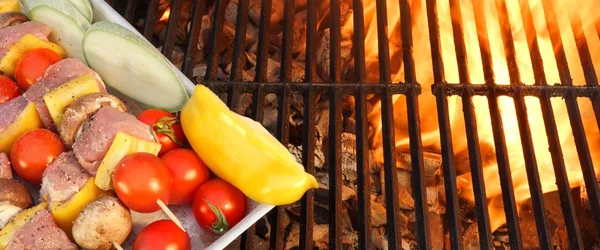 Niet gekookt Shish Kabobs op de vlammende Grill Close-up — Stockfoto