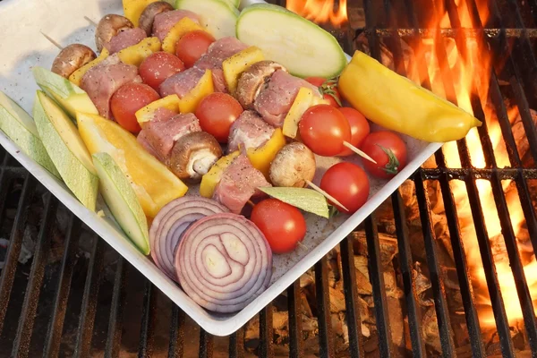 Nicht gegarte Kabobs auf dem flammenden Grill in Großaufnahme — Stockfoto