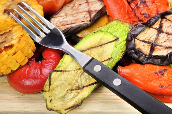 Fork and Grilled Vegetables Assortment On The Wood Table Backgro — Stock Photo, Image