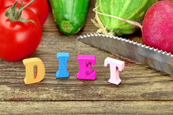 Sign Diet Made From Wood Letters And Fresh Local Vegetables — Stock Photo, Image