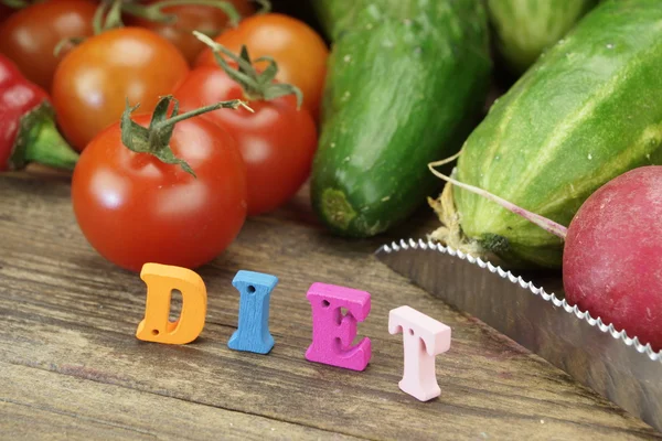 Sign Diet Made From Wood Letters And Fresh Local Vegetables — Stock Photo, Image