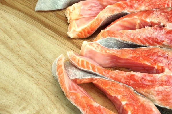 Fresh Raw Salmon Fish Steaks On Wood Cutting Board — Stock Photo, Image