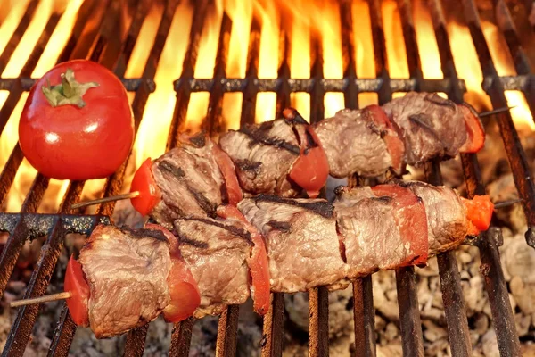 Kabab di manzo alla griglia sul barbecue caldo Close-up — Foto Stock