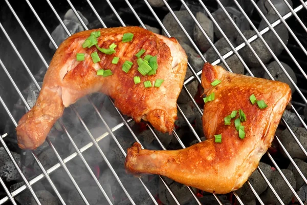 Barbecue Roast Chicken Quarters On The Hot Charcoal Grill — Stock Photo, Image