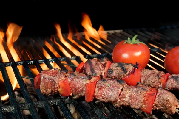 Churrasco carne shish kebabs no o quente flamejante Grill — Fotografia de Stock