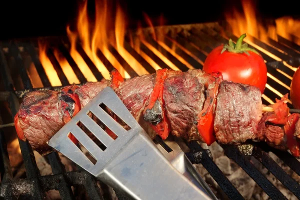 Churrasco carne shish kebabs no o quente flamejante Grill — Fotografia de Stock