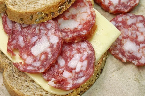 Simplesmente sanduíche com salsichas defumadas secas fatias e queijo — Fotografia de Stock