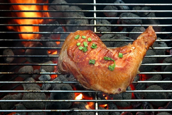 Grilovaná kuřecí čtvrtletí na horký gril Bbq detail. — Stock fotografie