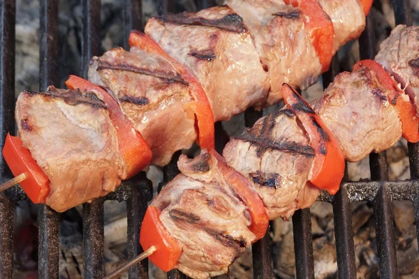 熱い炭火焼きで野菜バーベキュー牛肉ケバブ — ストック写真