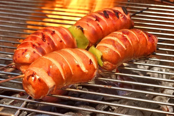 Embutidos grasos en la barbacoa caliente a la parrilla de carbón en llamas — Foto de Stock