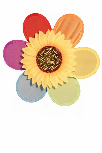 Close-up Of Rainbow Fabric Pinwheel With Plastic Sunflower Isola — Stock Photo, Image