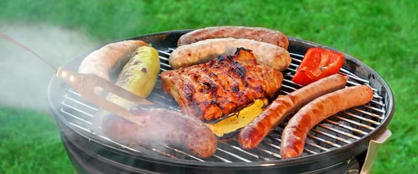 Horký gril Bbq s rozmanitými masa na zahradě trávník — Stock fotografie