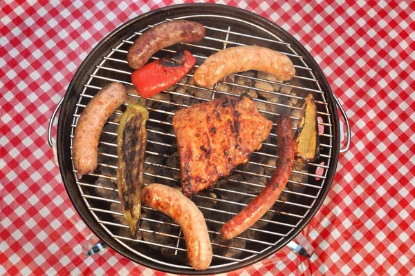 BBQ tragbarer Grill mit verschiedenen Fleischsorten und roter Picknickdecke — Stockfoto
