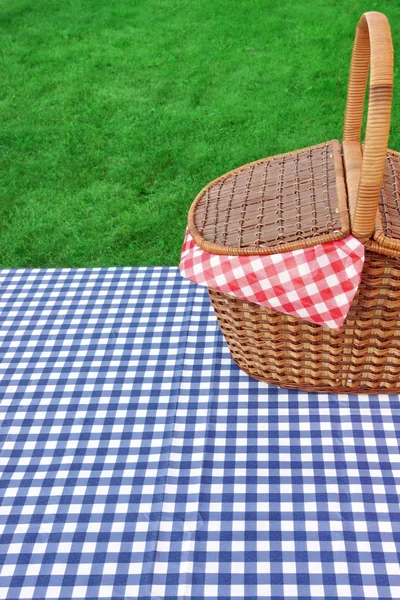 Tavolo da picnic rustico all'aperto con cesto e tovaglia blu — Foto Stock