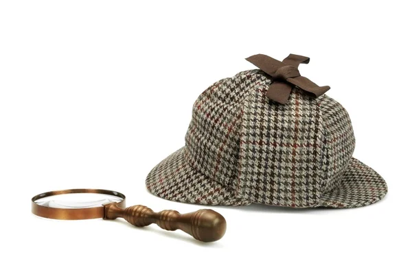 Sherlock Holmes Deerstalker Cap And Vintage Magnifying Glass Iso — Stock Photo, Image