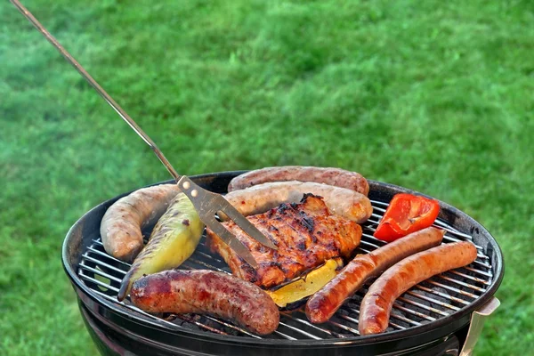 Heißer Grill mit verschiedenen Fleischsorten auf dem Gartenrasen — Stockfoto