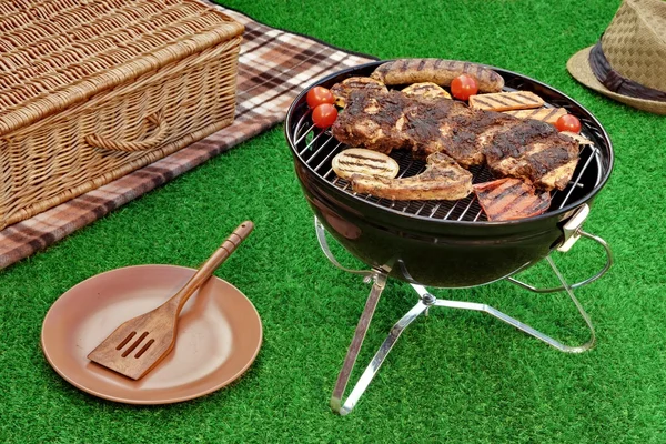 Piquenique de fim de semana de verão no gramado com churrasqueira e churrasqueira — Fotografia de Stock