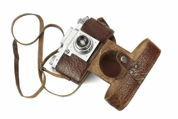 Close-up de idade Shabby Photo Camera caixa de couro isolado — Fotografia de Stock