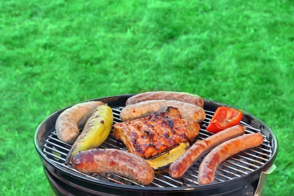 Churrasqueira quente com carne sortida no gramado do jardim — Fotografia de Stock