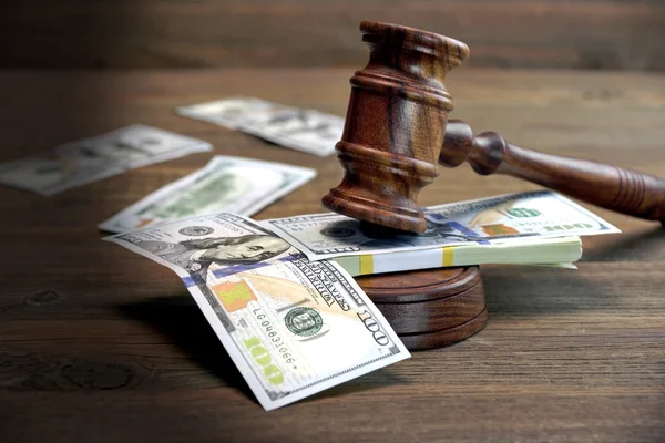 Bundle Of Money, Judges Gavel And Soundboard On Wooden Table — Stock fotografie