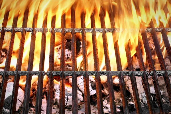 Empty Barbecue Grill With Bright Flames Closeup  Top View — Stock Photo, Image