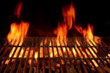 Empty Flaming Barbecue Grill Isolated On Black Background. Top V clipart
