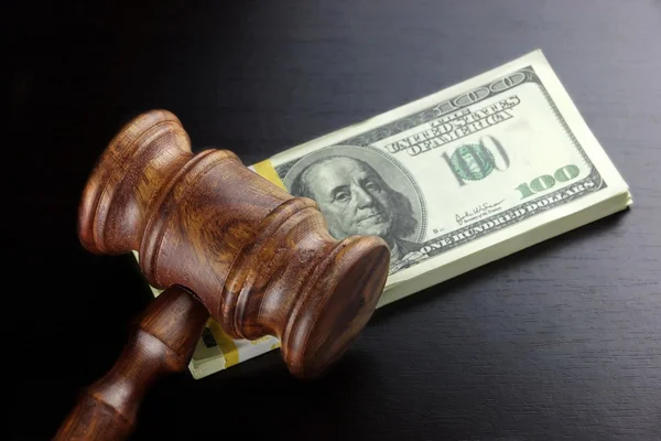 Judges Gavel And Dollar Cash  On The Black Table — Stok fotoğraf