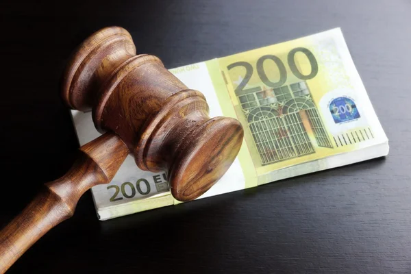 Judges Gavel And Euro Cash  On The Black Table — Stok fotoğraf