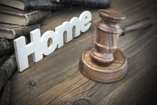 Sign Home,Judges Gavel And Old Book On Wood Table — Stockfoto