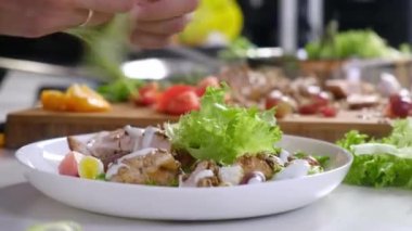 Evde, mutfakta ızgara hindi etiyle lezzetli domates biberi salatası pişirmek. Önlüklü erkek şef marul salatasını tabakta sebzelerle süslüyor. Evde sağlıklı yiyecekler. Hazır yemek..