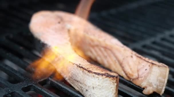 Somon Bifteği Izgarada Kızartılır Izgarada Deniz Ürünleri Pişirmek Çıtır Çıtır — Stok video