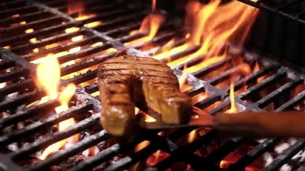 Saftig Laxstek Med Strimlor Grillas Grill Lågor Eld Och Rök — Stockvideo