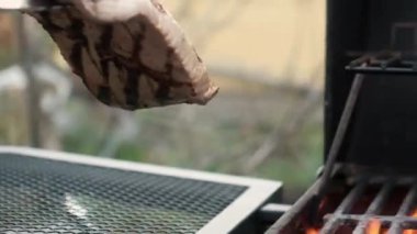 Adam ızgarada et kızartıyor. Testislerle, kızgın ızgaraya domuz eti koyarak. Dışarıda piknikte et pişiriyorum. Doğada rosto. Kömür ve ateşin üstünde pişmiş sokak yemekleri.