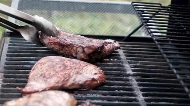 고기는 뜨거운 그릴에 연기와 불꽃을 익혔다 고기를 번갈아 굽는다 그릴에 — 비디오