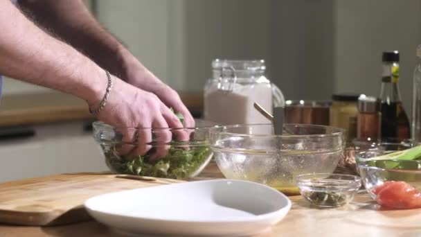 Uomo Sta Preparando Pranzo Cucina Cuoco Raccoglie Foglie Rucola Verde — Video Stock