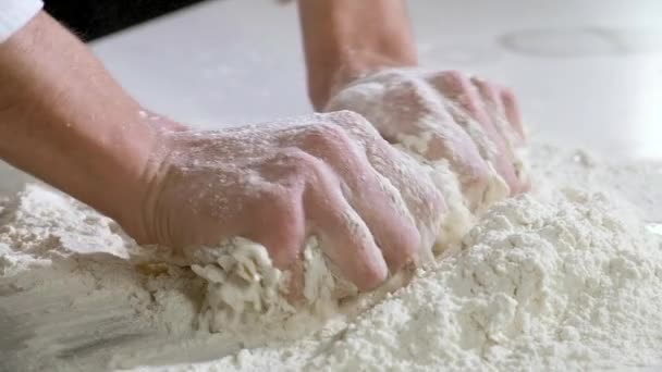 Professional Baker Works Kitchen Bakery Shop Cook Carefully Mixes White — Stock Video