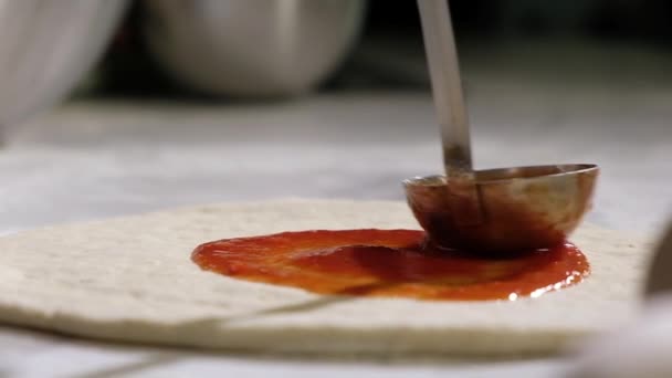 Chef Restaurant Kitchen Cooks Traditional Italian Pizza Man Pours Ladle — Stock Video