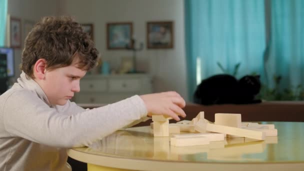 Kaukasiska Förskolebarn Leker Med Spelkuber Vid Ett Bord Vardagsrummet Pojke — Stockvideo