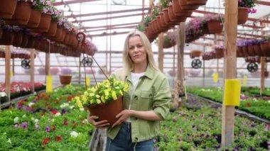 Bir serada saksı çiçeği tutan kadın bahçıvanın yakın plan portresi. Çiçekçi. Dişi çiftçi seradaki büyüyen bitkilerle ilgileniyor. Bahçedeki çiçekçi, çiçekçi.