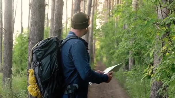 Man Med Ryggsäck Färdas Till Fots Längs Skogsstigar Turist Som — Stockvideo
