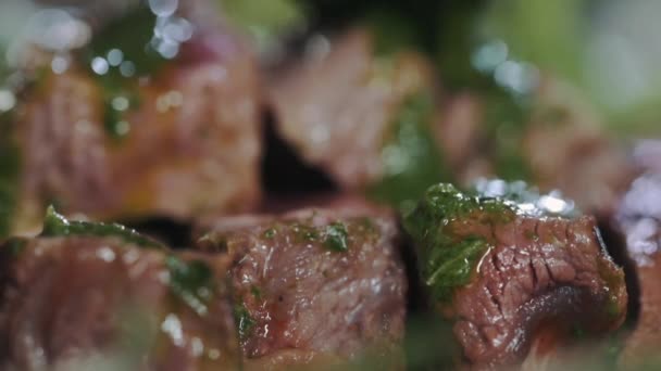 在烤架上烤肉 牛排切碎后 倒入鲜美的绿色酱汁和香草 肉片的特写 厨房里的烹调 — 图库视频影像