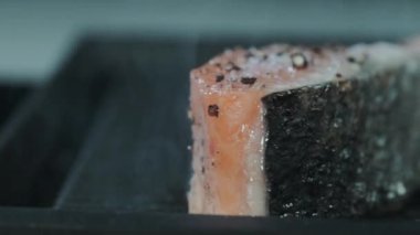 Mutfakta deniz mahsulleri pişiriyorum. Sıcak ızgarada taze somon bifteği. Lezzetli bir balık diyeti. Izgara balık. Sağlıklı yiyecekler. Gurmeler için yemek hazırlıyorum.