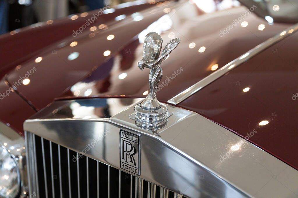 The Spirit of Ecstasy Rolls Royce badge, emblem on vintage hood, Portugal, Porto, October 04, 2025